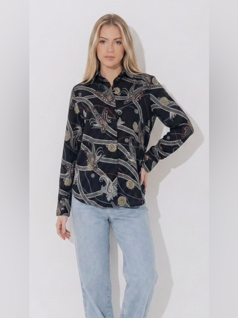 H&M Black Paisley Print Blouse with Blue and Cream Accents